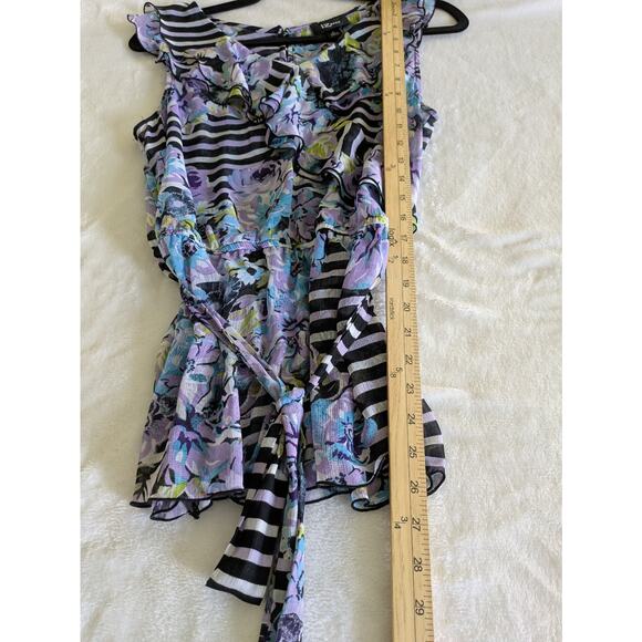 IZ Byer Blouse Junior Large‎ Y2K Floral Stripes Sheer Sleeveless Ruffle Feminine - Picture 4 of 7